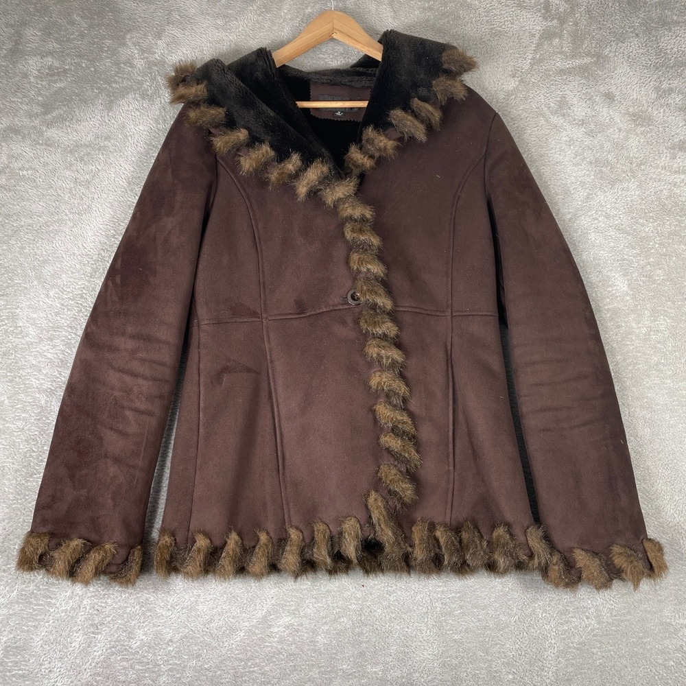 Colebrook Classics Jacket Womens Medium Brown Faux Suede Fur Boho Hooded Coat